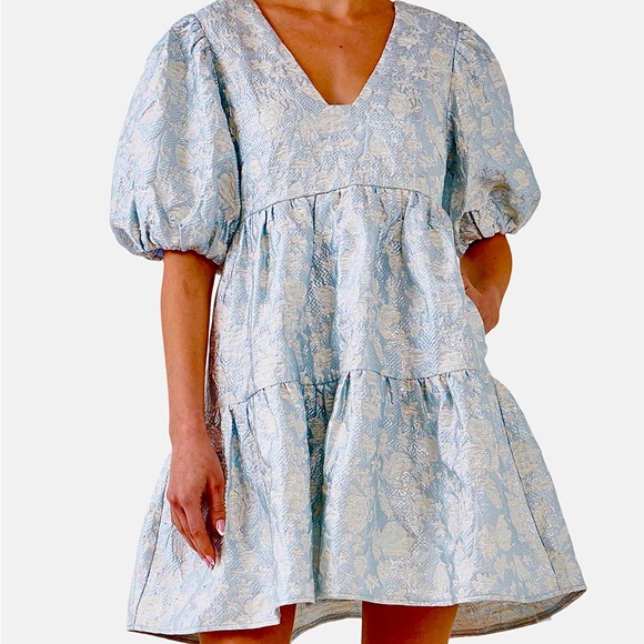 Endless Rose Dresses & Skirts - Light Blue Floral Puff-Sleeve Tiered Dress